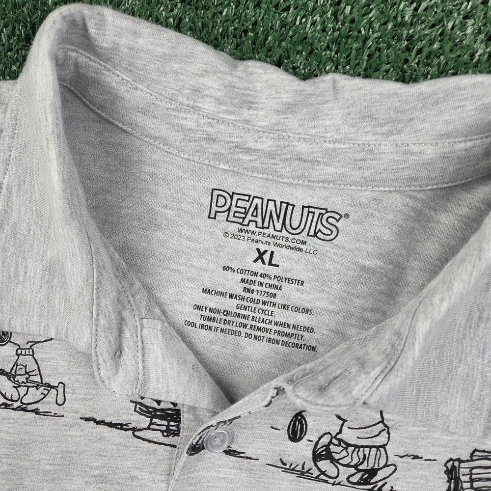 Peanuts Mens Golf Polo Shirt XL Gray Charlie Brown Snoopy Lucy All Over Print - Picture 5 of 7